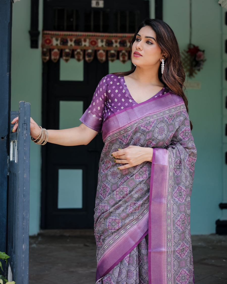 Purple Cotton Linen Saree with Geometric Motif and Blouse