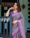 Purple Pure Cotton Linen Saree | Geometric Motif with Matching Blouse & Tassel Edges