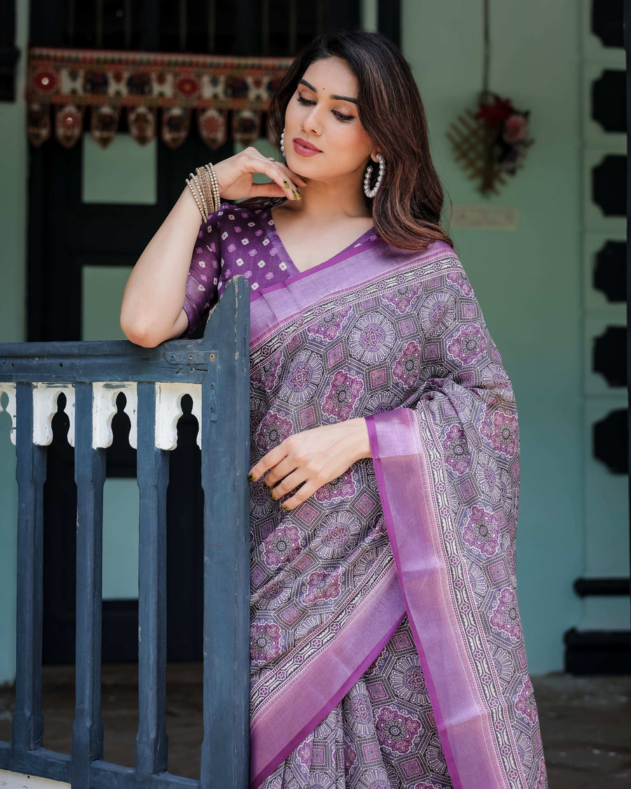 Purple Pure Cotton Linen Saree | Geometric Motif with Matching Blouse & Tassel Edges