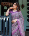Purple Cotton Linen Saree with Geometric Motif and Blouse