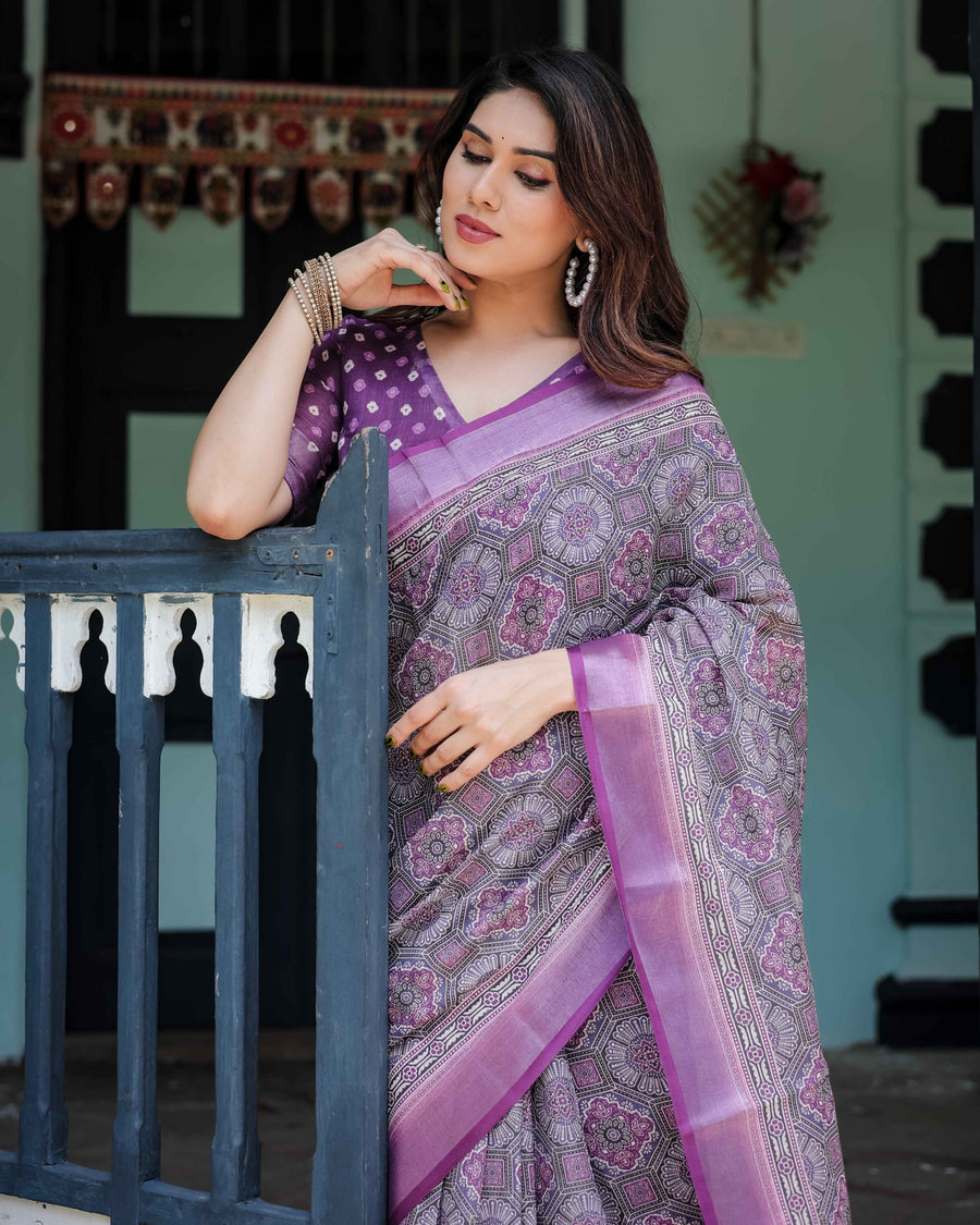 Purple Cotton Linen Saree with Geometric Motif and Blouse