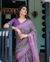 Purple Pure Cotton Linen Saree | Geometric Motif with Matching Blouse & Tassel Edges