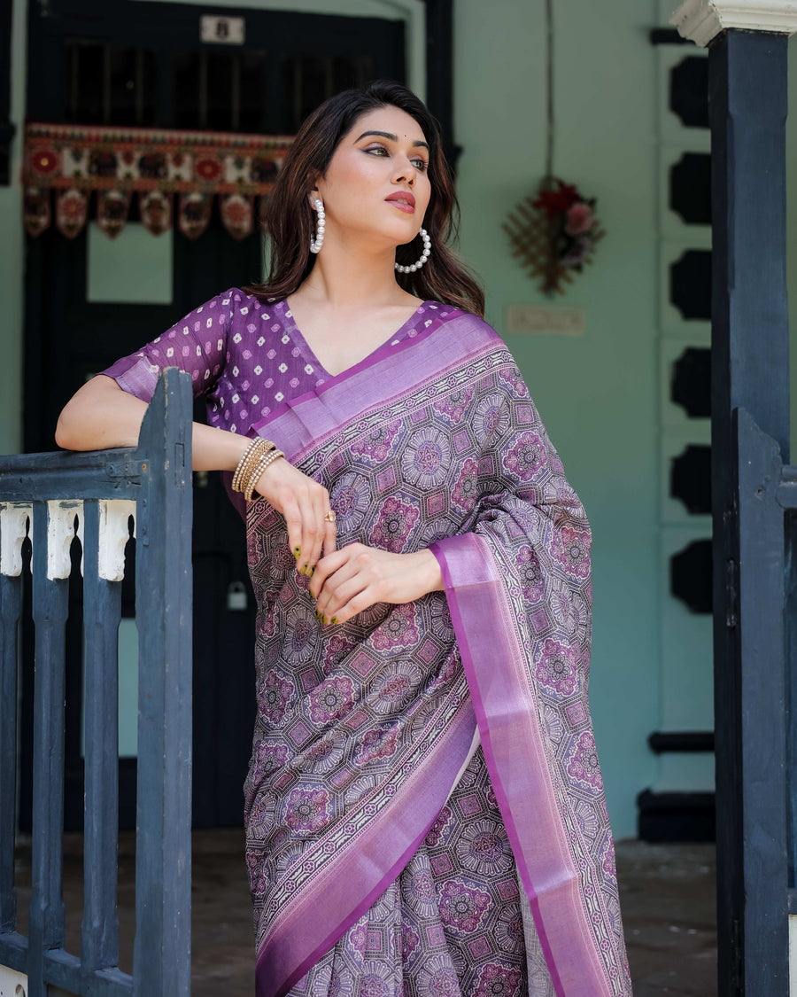 Purple Pure Cotton Linen Saree | Geometric Motif with Matching Blouse & Tassel Edges