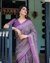 Purple Cotton Linen Saree with Geometric Motif and Blouse