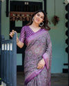 Purple Pure Cotton Linen Saree | Geometric Motif with Matching Blouse & Tassel Edges