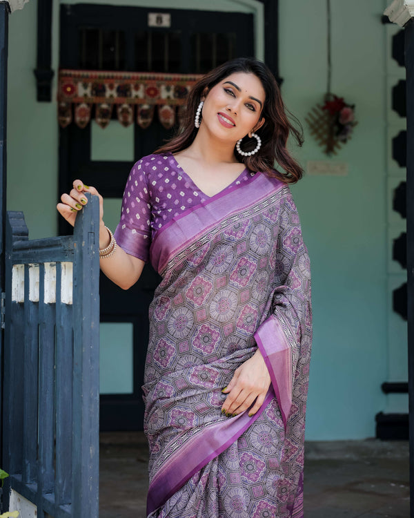 Purple Pure Cotton Linen Saree | Geometric Motif with Matching Blouse & Tassel Edges