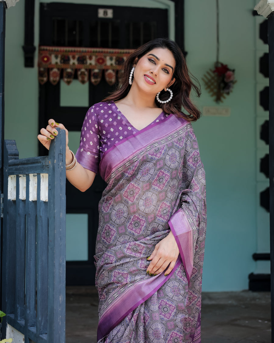 Purple Cotton Linen Saree with Geometric Motif and Blouse