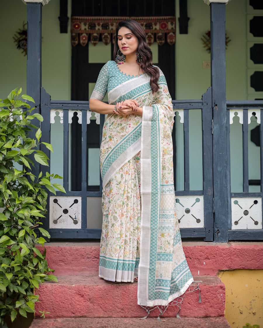 Floral Printed Pure Cotton Linen Saree in Ivory with Teal Border and Blouse, Tassels on Edges