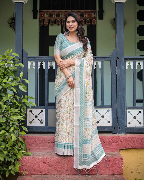 Floral Printed Pure Cotton Linen Saree in Ivory with Teal Border and Blouse, Tassels on Edges