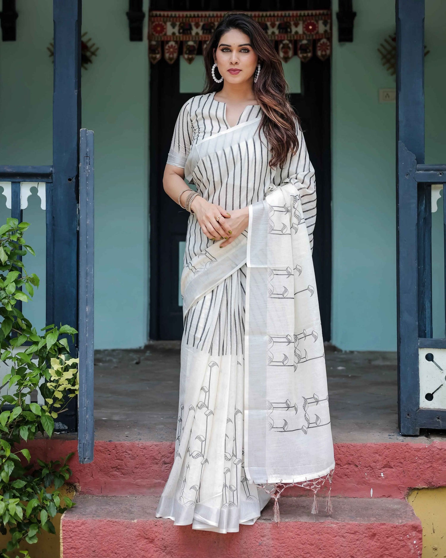 White & Black Pure Cotton Linen Saree | Striped Pattern with Blouse & Tassel Detailing