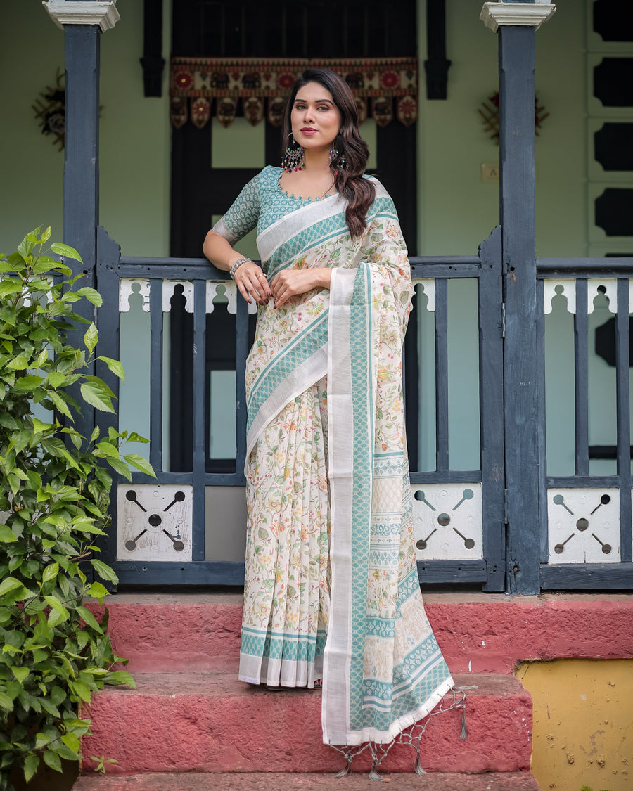 Floral Printed Pure Cotton Linen Saree in Ivory with Teal Border and Blouse, Tassels on Edges