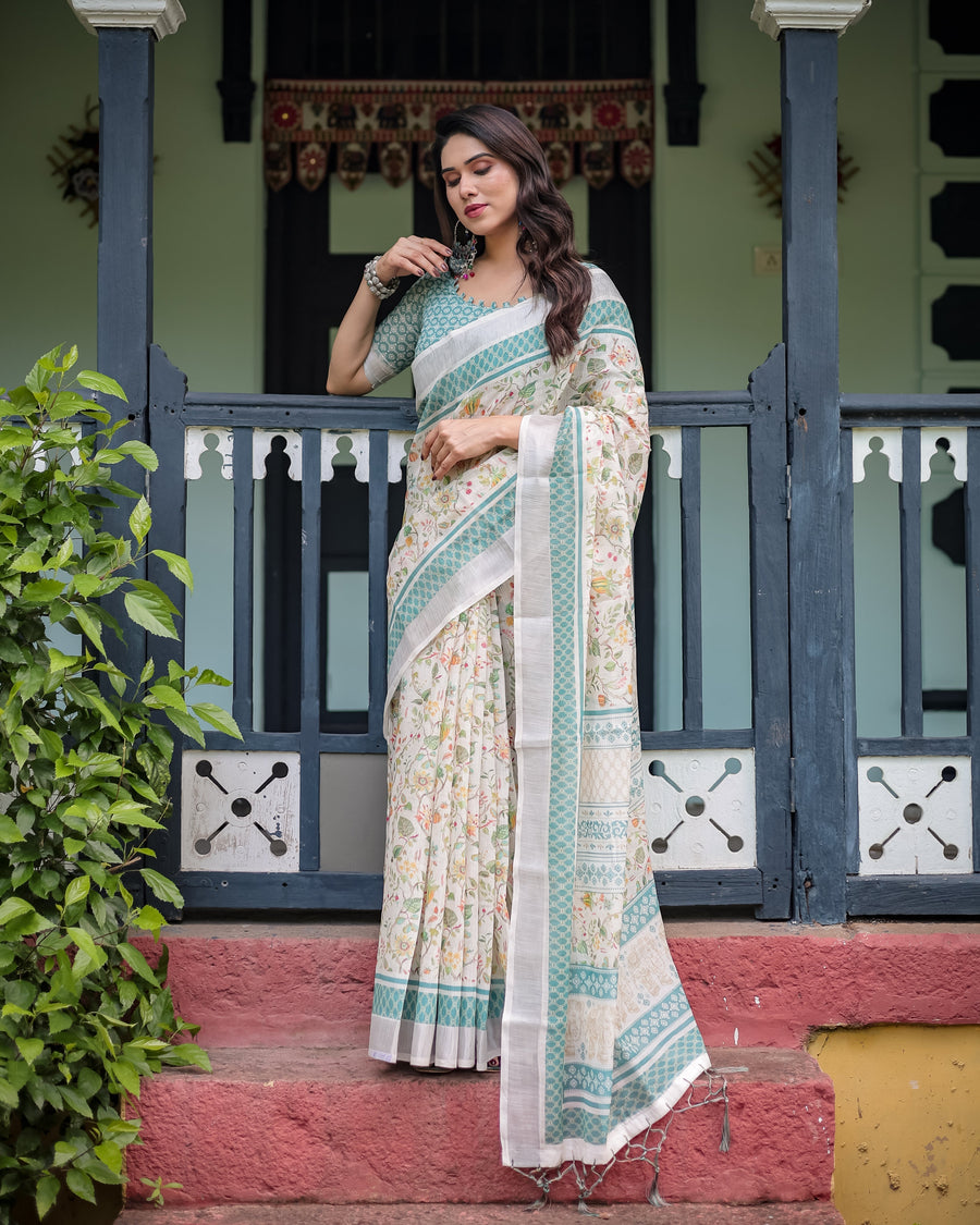 Floral Printed Pure Cotton Linen Saree in Ivory with Teal Border and Blouse, Tassels on Edges