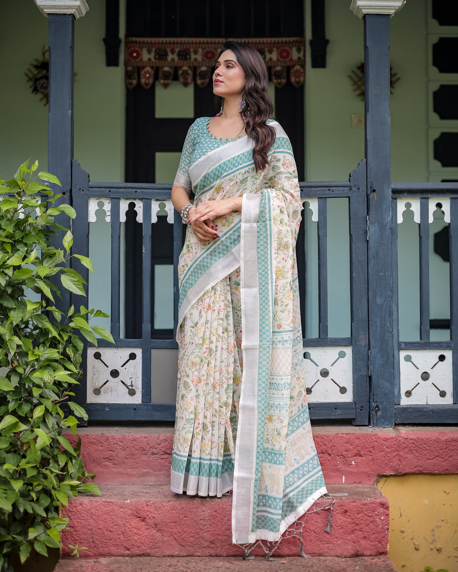 Floral Printed Pure Cotton Linen Saree in Ivory with Teal Border and Blouse, Tassels on Edges