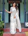 White & Black Pure Cotton Linen Saree | Striped Pattern with Blouse & Tassel Detailing