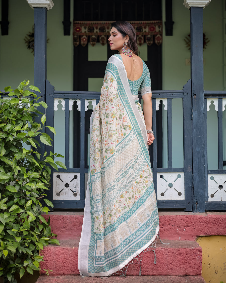 Floral Printed Pure Cotton Linen Saree in Ivory with Teal Border and Blouse, Tassels on Edges