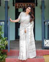White and Black Pure Cotton Linen Saree with Striped Pattern, Blouse, and Tassel Detailing