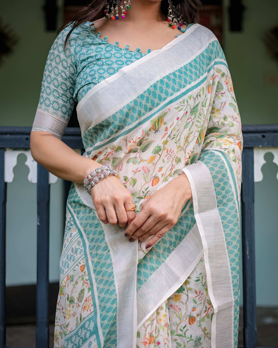 Ivory Cotton Linen Saree | Teal Border, Floral Print, Blouse & Tassel Edges – Buy Online