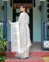White & Black Pure Cotton Linen Saree | Striped Pattern with Blouse & Tassel Detailing