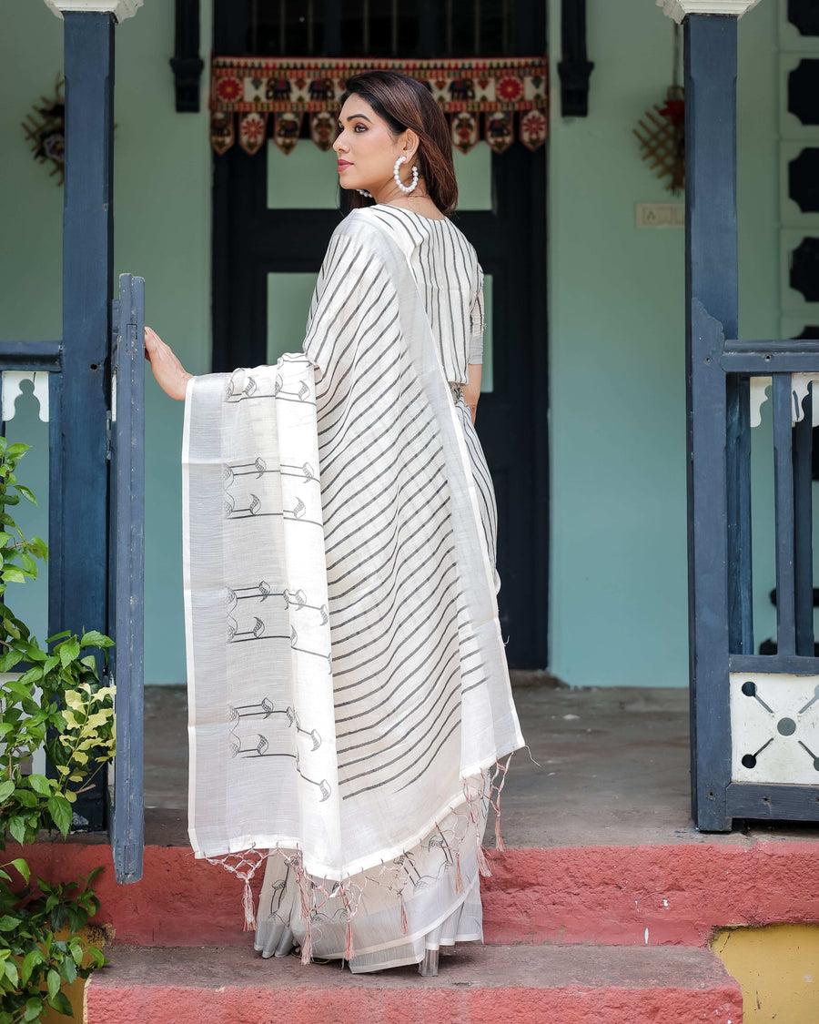 White & Black Pure Cotton Linen Saree | Striped Pattern with Blouse & Tassel Detailing
