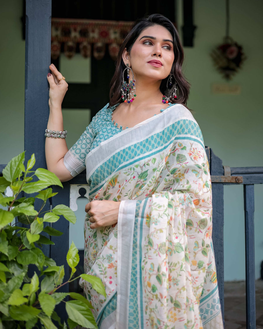 Ivory Cotton Linen Saree | Teal Border, Floral Print, Blouse & Tassel Edges – Buy Online