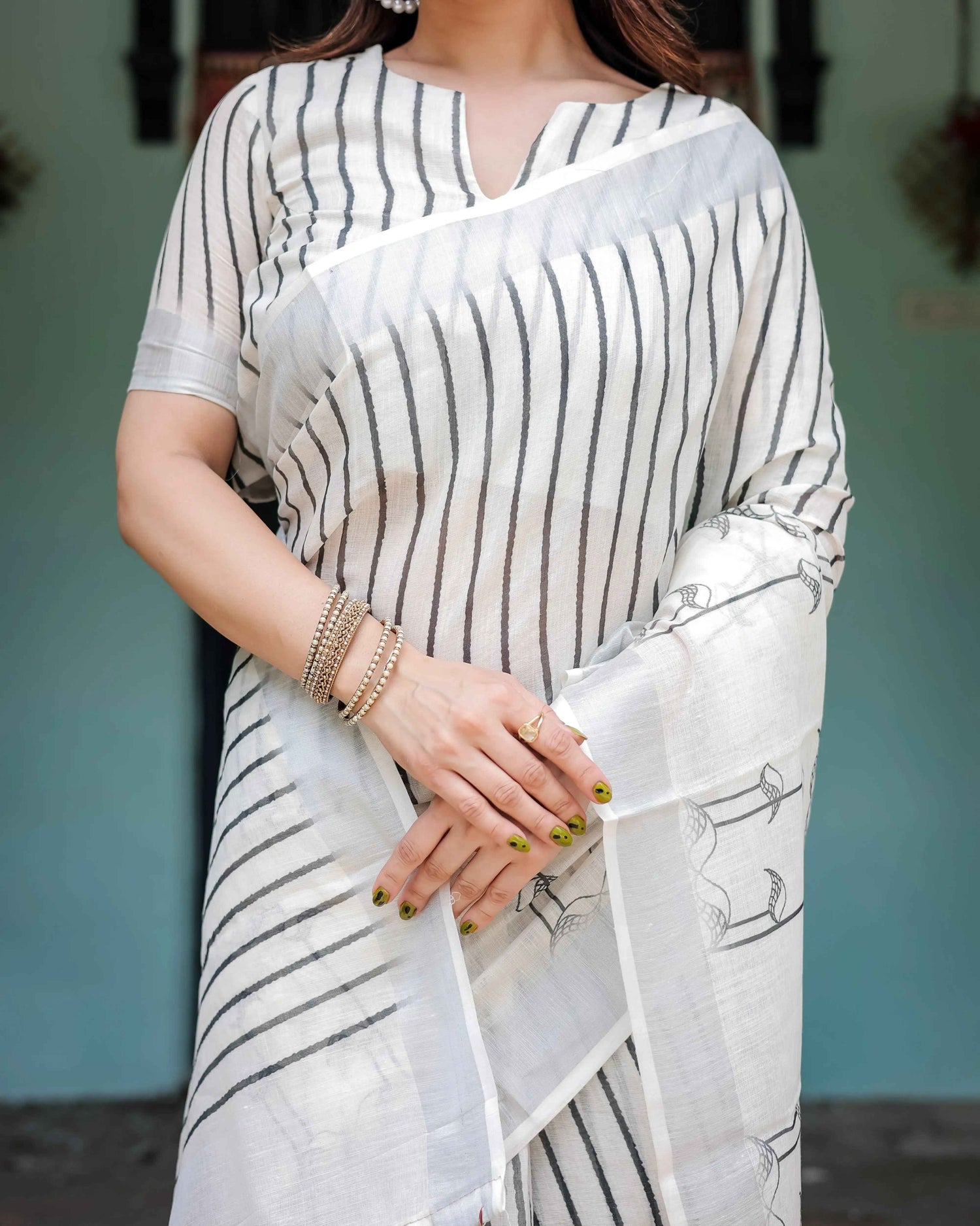 White & Black Pure Cotton Linen Saree | Striped Pattern with Blouse & Tassel Detailing