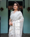 White & Black Pure Cotton Linen Saree | Striped Pattern with Blouse & Tassel Detailing