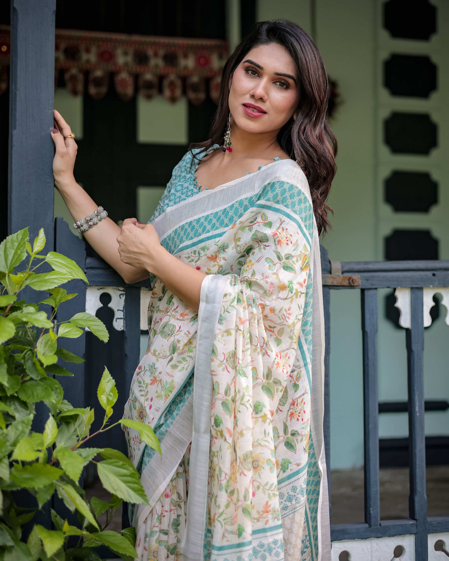 Ivory Cotton Linen Saree | Teal Border, Floral Print, Blouse & Tassel Edges – Buy Online