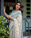 Floral Printed Pure Cotton Linen Saree in Ivory with Teal Border and Blouse, Tassels on Edges