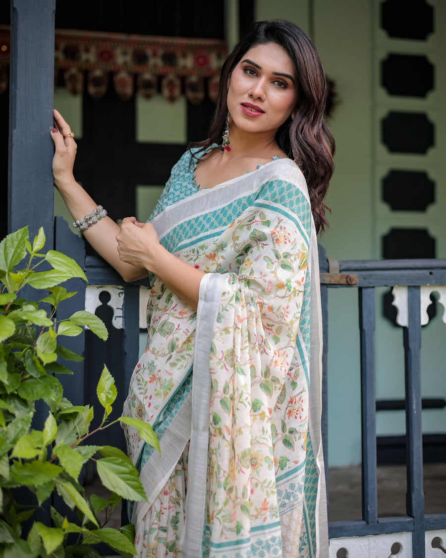 Floral Printed Pure Cotton Linen Saree in Ivory with Teal Border and Blouse, Tassels on Edges