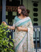 Ivory Cotton Linen Saree | Teal Border, Floral Print, Blouse & Tassel Edges – Buy Online