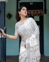 White & Black Pure Cotton Linen Saree | Striped Pattern with Blouse & Tassel Detailing
