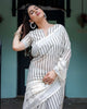 White & Black Pure Cotton Linen Saree | Striped Pattern with Blouse & Tassel Detailing