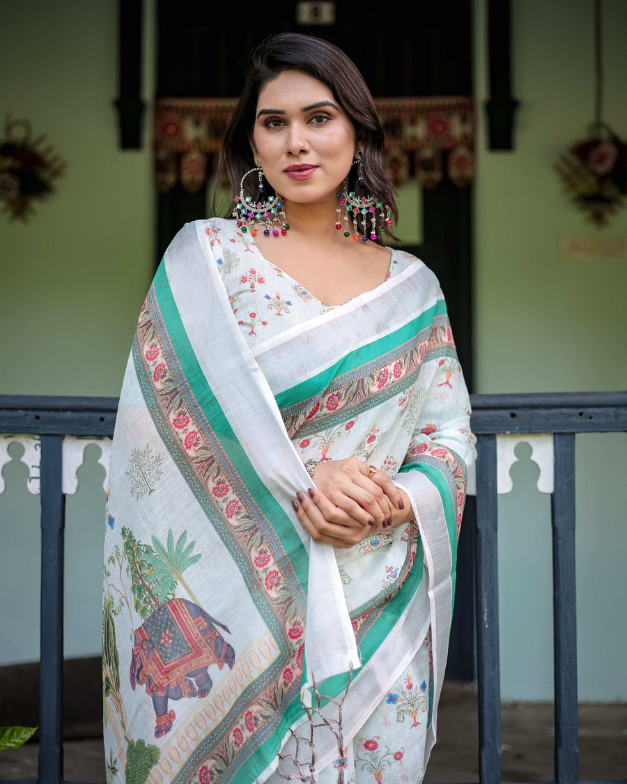 Ivory Cotton Linen Saree | Elephant Motif, Floral Print, Green & Pink Borders – Buy Online