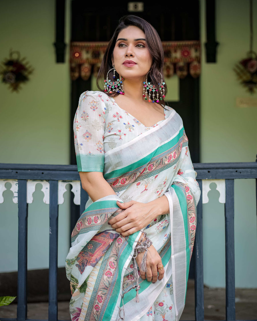 Ivory Cotton Linen Saree | Elephant Motif, Floral Print, Green & Pink Borders – Buy Online