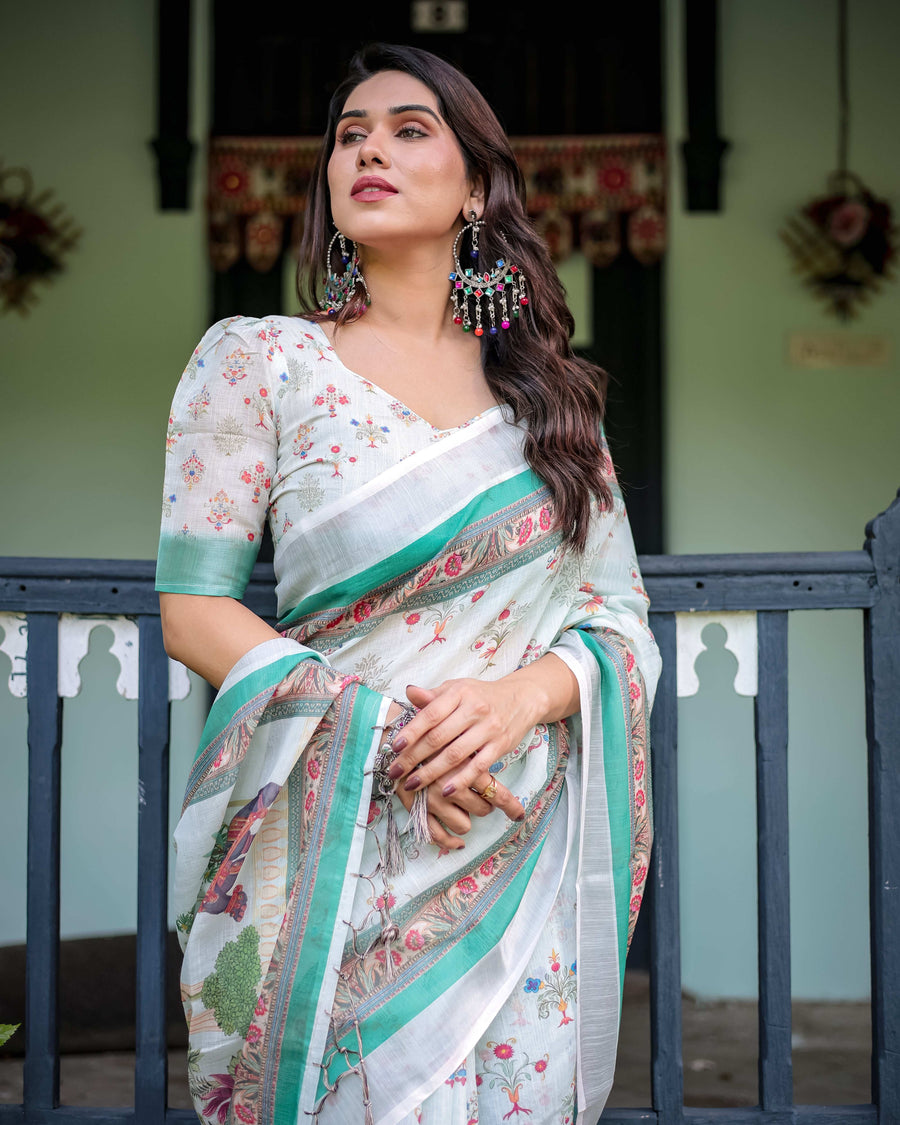 Ivory Cotton Linen Saree | Elephant Motif, Floral Print, Green & Pink Borders – Buy Online