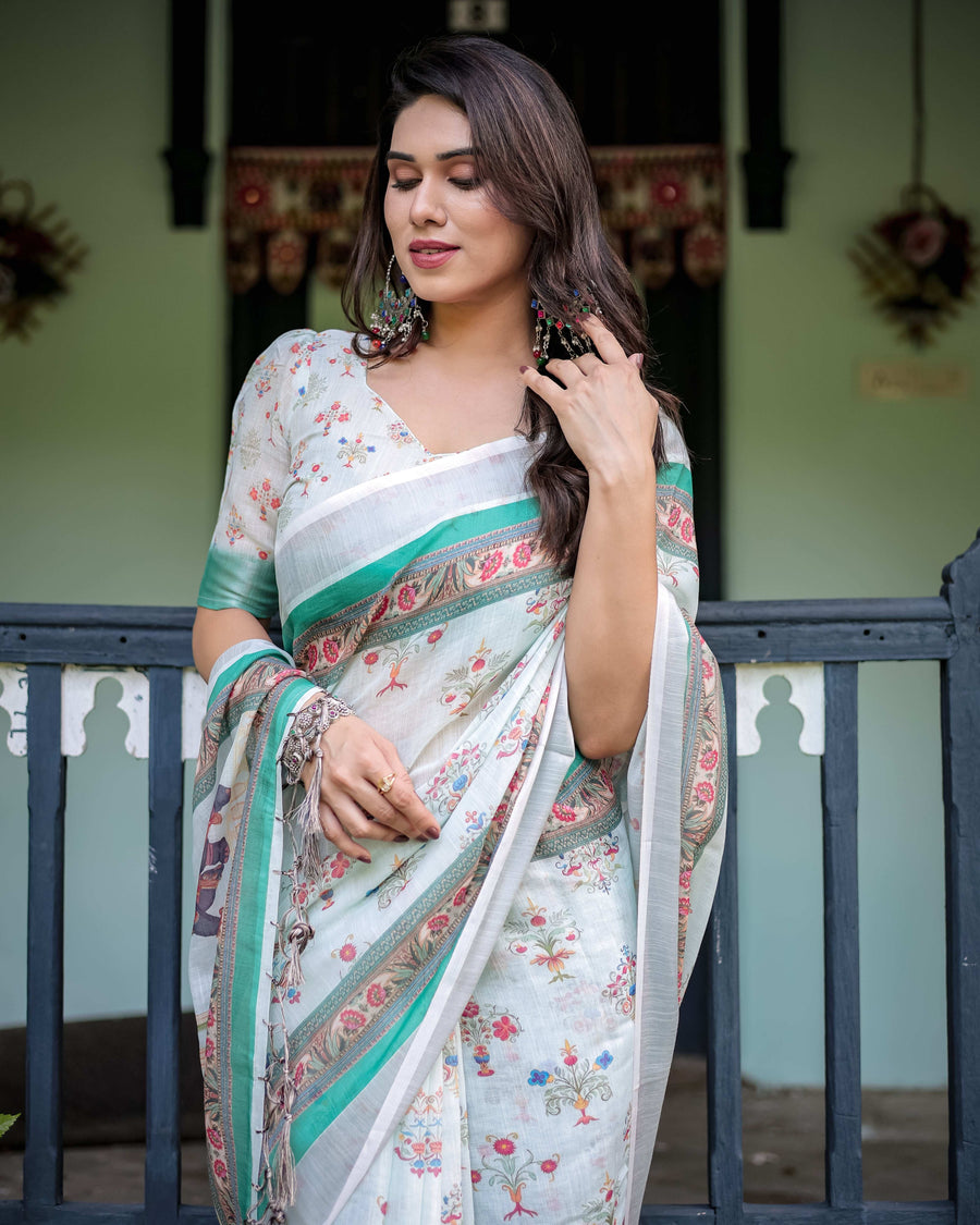 Ivory Cotton Linen Saree | Elephant Motif, Floral Print, Green & Pink Borders – Buy Online