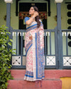 Cotton Linen Saree | Blue Floral Border & Pink Leaf Design with Blouse & Tassels – Buy Online