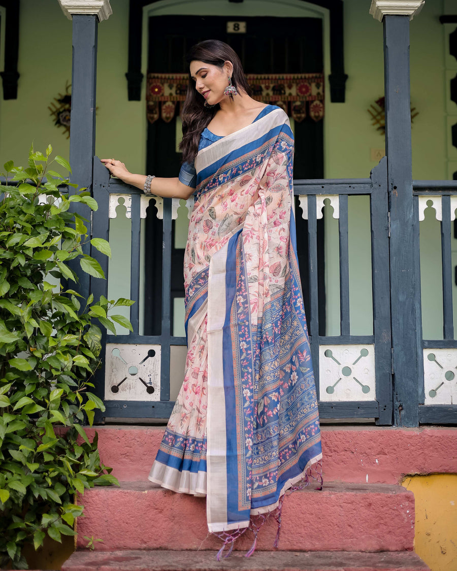 Cotton Linen Saree | Blue Floral Border & Pink Leaf Design with Blouse & Tassels – Buy Online