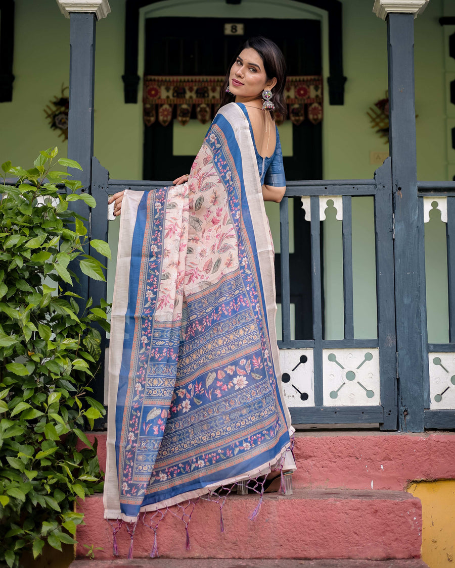 Cotton Linen Saree | Blue Floral Border & Pink Leaf Design with Blouse & Tassels – Buy Online