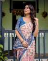 Cotton Linen Saree | Blue Floral Border & Pink Leaf Design with Blouse & Tassels – Buy Online