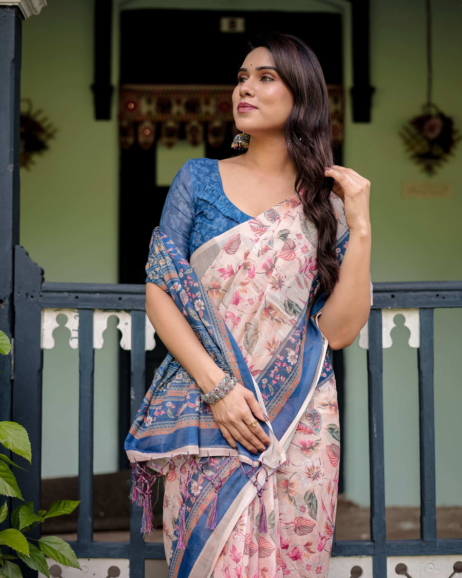 Cotton Linen Saree | Blue Floral Border & Pink Leaf Design with Blouse & Tassels – Buy Online
