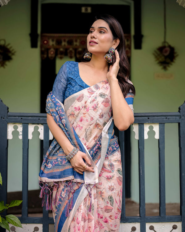 Cotton Linen Saree | Blue Floral Border & Pink Leaf Design with Blouse & Tassels – Buy Online