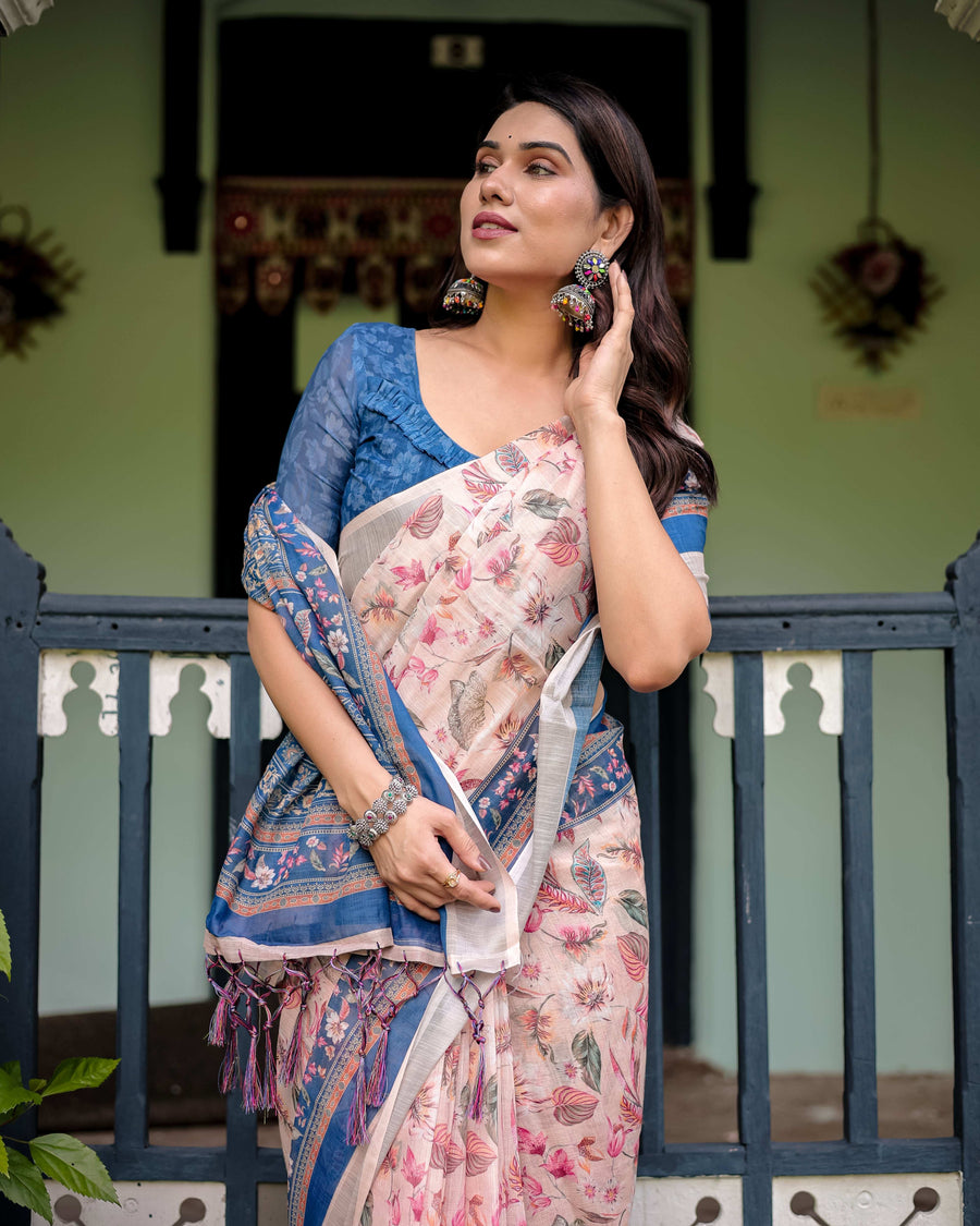 Cotton Linen Saree | Blue Floral Border & Pink Leaf Design with Blouse & Tassels – Buy Online