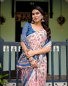 Cotton Linen Saree | Blue Floral Border & Pink Leaf Design with Blouse & Tassels – Buy Online