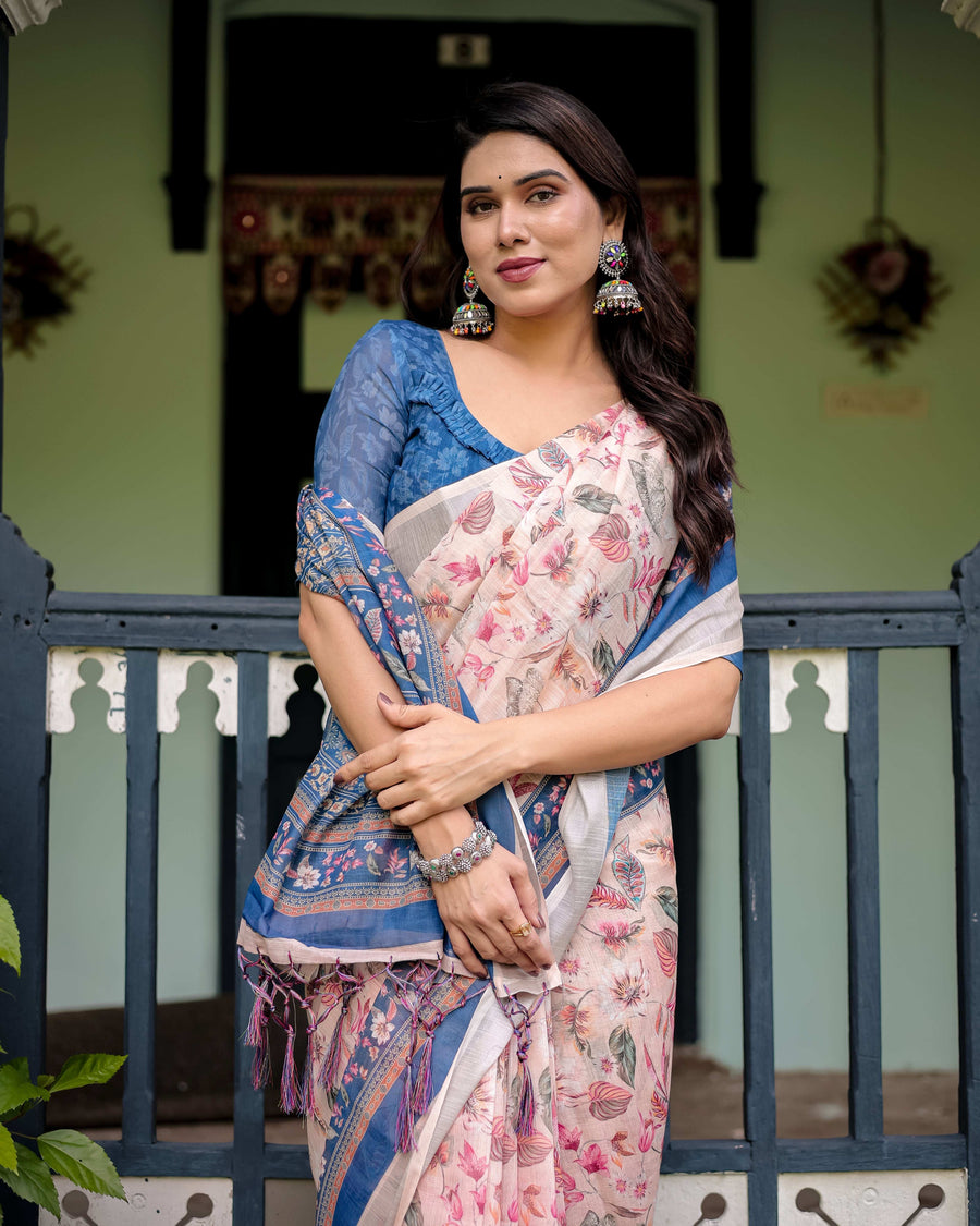 Cotton Linen Saree | Blue Floral Border & Pink Leaf Design with Blouse & Tassels – Buy Online