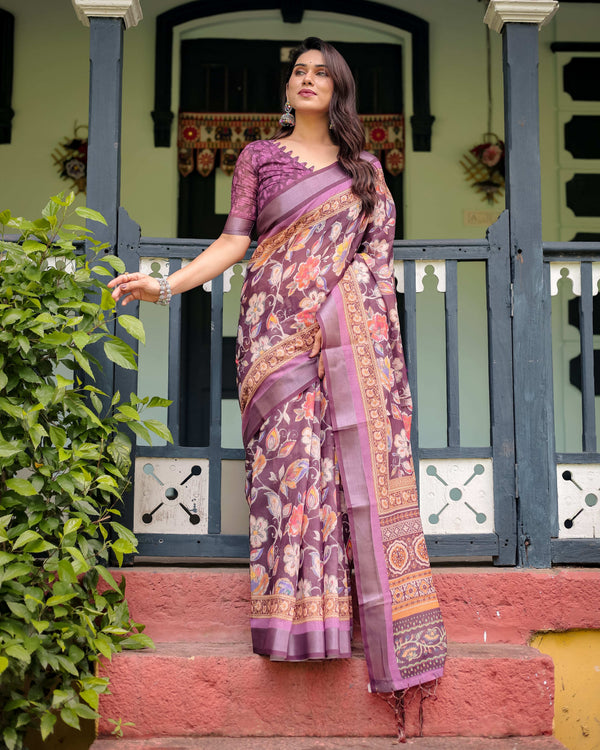 Purple Floral Cotton Linen Saree | Matching Blouse & Tassel Edges – Buy Online