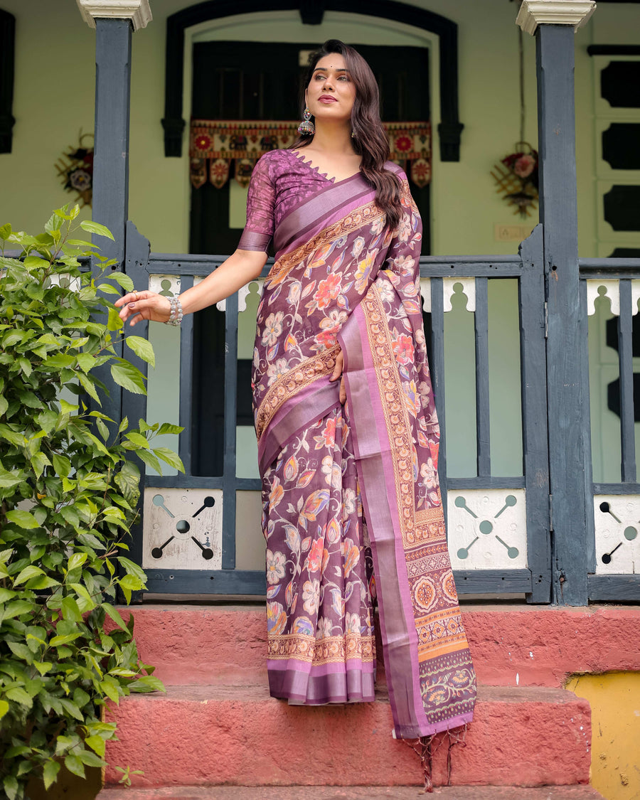 Purple Floral Cotton Linen Saree | Matching Blouse & Tassel Edges – Buy Online