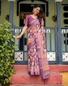 Purple Floral Cotton Linen Saree | Matching Blouse & Tassel Edges – Buy Online