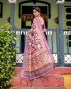 Purple Floral Cotton Linen Saree | Matching Blouse & Tassel Edges – Buy Online