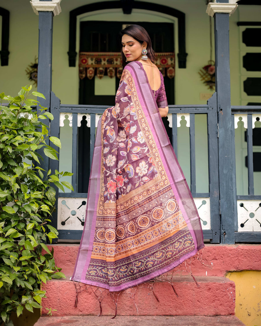 Purple Floral Cotton Linen Saree | Matching Blouse & Tassel Edges – Buy Online